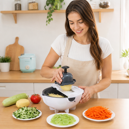 Cortador y Rallador Rotativo de Verduras 9 en 1 con Cesta Escurridora