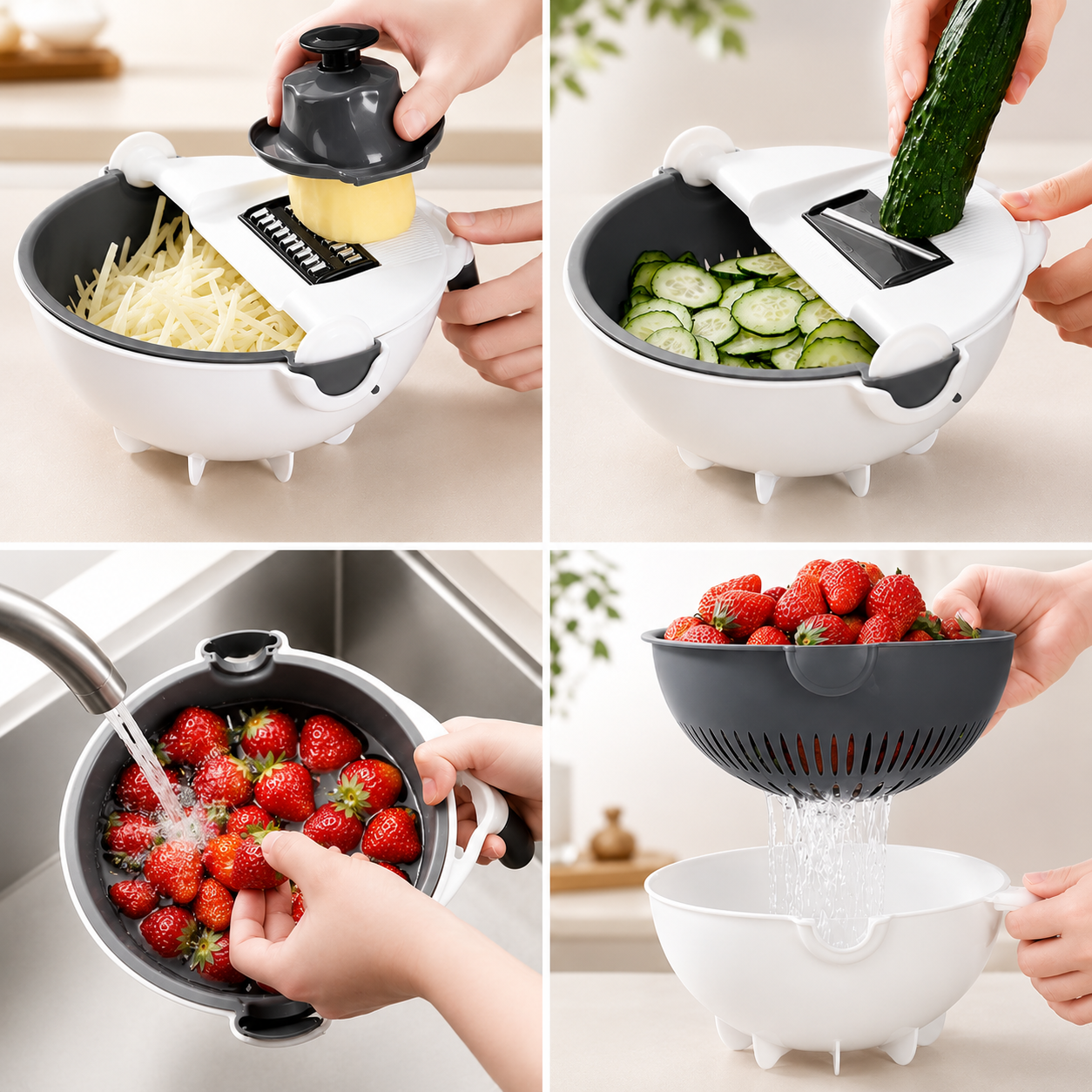 Cortador y Rallador Rotativo de Verduras 9 en 1 con Cesta Escurridora